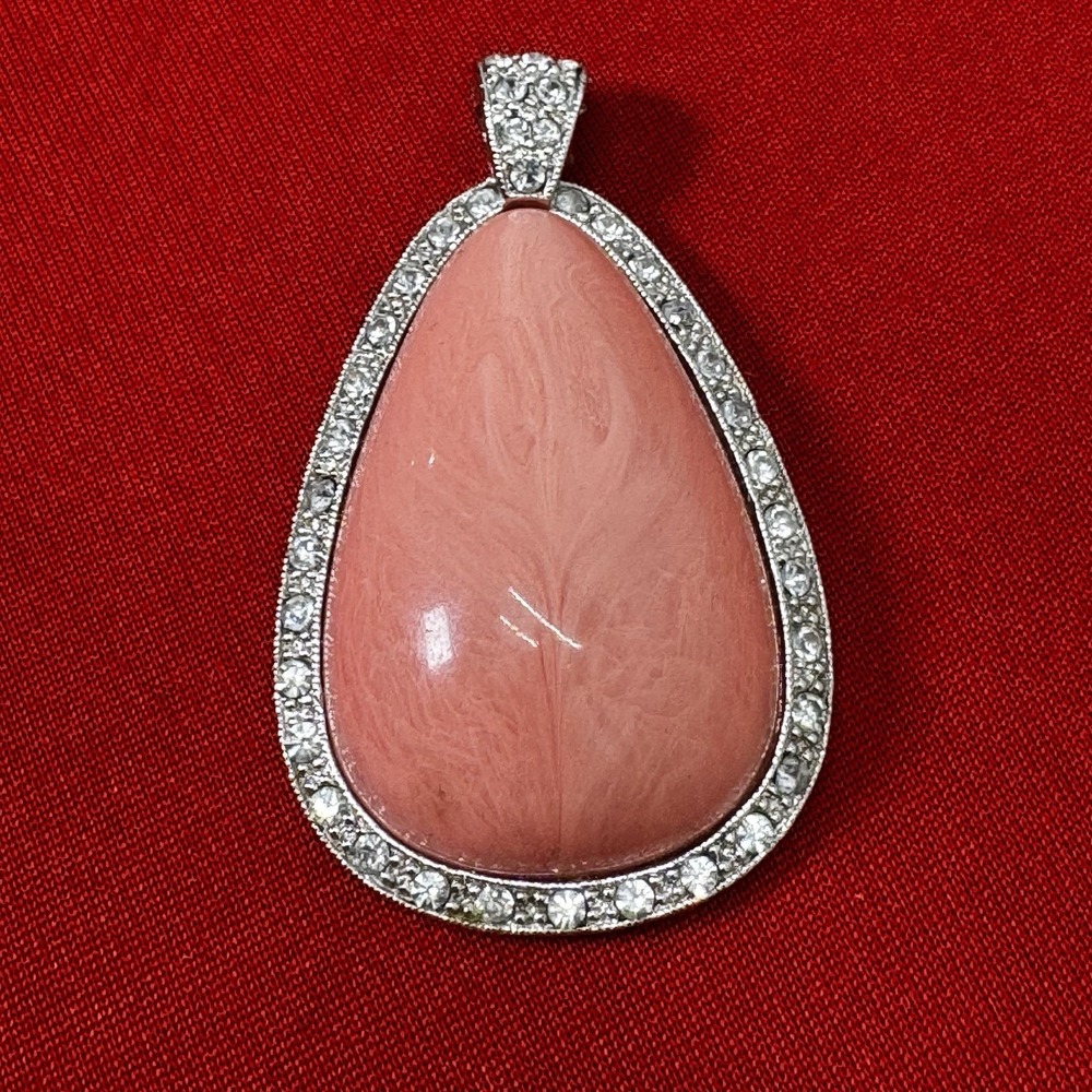 Vintage 1970's Avon Faux‎ Coral Pink Teardrop Rhinestone Pendant